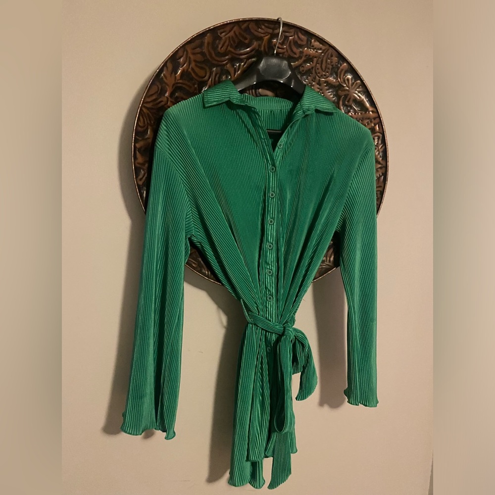 Kelly green crinkle shirt dress. New, never worn.